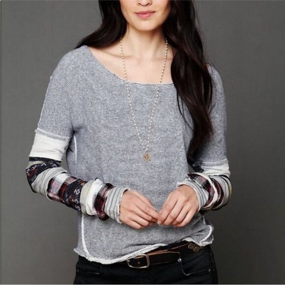 We The Free Patched Up Tee - Patchwork Long Sleeve Striped Top Size XS - Picture 1 of 7